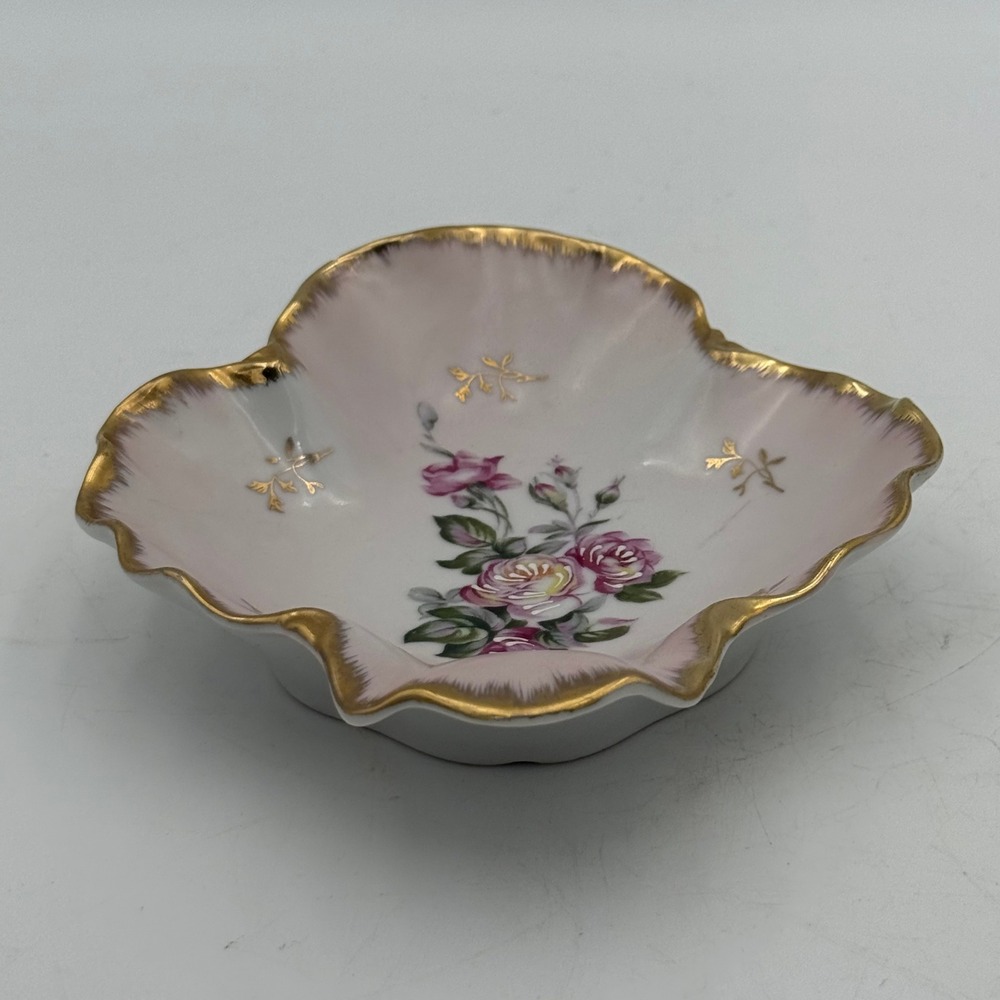 Lefton China Hand Painted Pink Rose Trinket Dish Gold Trim Scalloped Bowl - Picture 5 of 8